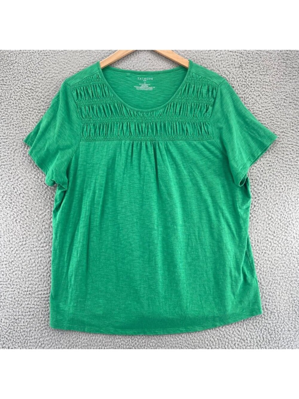 Talbots Top Womens 2X Green Slub Knit Shirred Cotton Modal Short Sleeve Blouse
